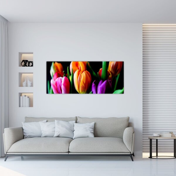 Tablou -Lalele pe fond negru (120x50 cm)