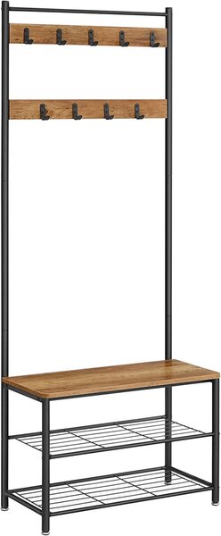 Cuier cu bancuta si suport pantofi Model Glenn, Maro Rustic/Negru, 70x32.5x175 cm
