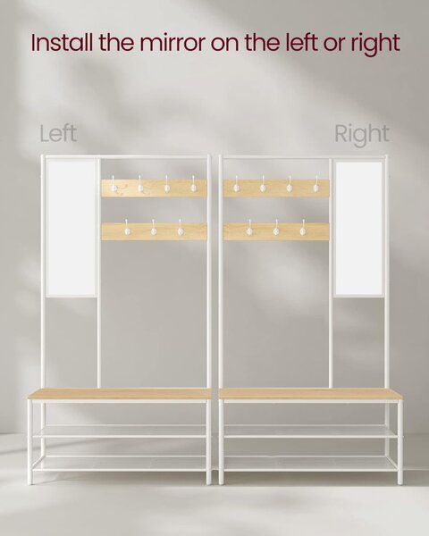 Cuier cu bancuta si suport pantofi Model Glass, Natur/Alb, 98×35×180 cm