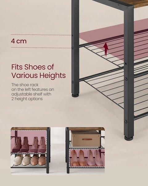 Cuier cu bancuta si suport pantofi Model Murphy, Maro Rustic/Negru, 120x40x190 cm