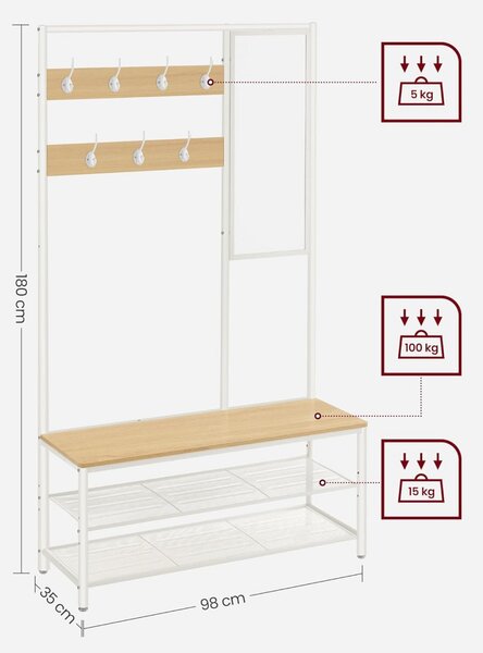 Cuier cu bancuta si suport pantofi Model Glass, Natur/Alb, 98×35×180 cm