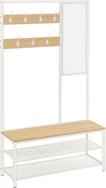 Cuier cu bancuta si suport pantofi Model Glass, Natur/Alb, 98×35×180 cm