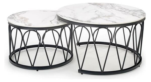 Set 2 masute cafea FORMOSA, alb cu efect de marmura/negru, ceramica/ot