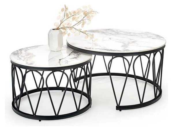 Set 2 masute cafea FORMOSA, alb cu efect de marmura/negru, ceramica/ot