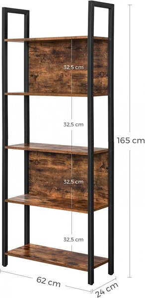 Raft pentru cărți Model Nancy, Maro/Negru, 62x24x165 cm