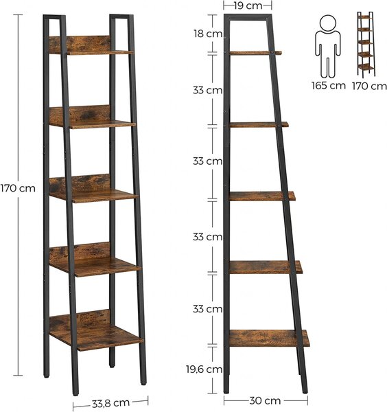 Raft tip Scară cu 5 Polițe Model Judson, Maro/Negru, 33.8x30x170 cm