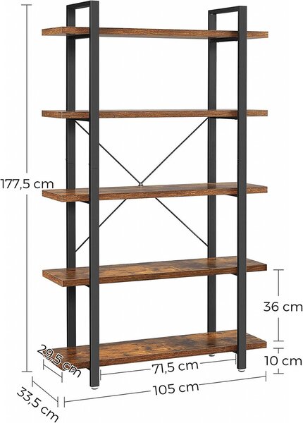 Raft pentru Cărți, cu 5 Polițe Model Mary, Maro/Negru, 105x33.5x177.5 cm