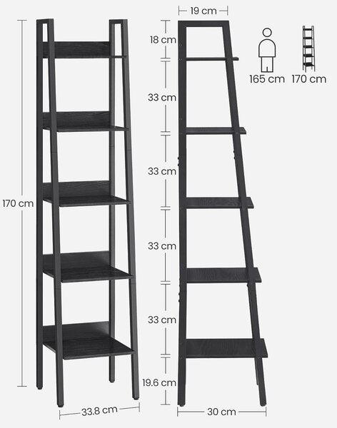 Raft tip Scară cu 5 Polițe Model Jovie, Maro/Negru, 33.8x30x170 cm