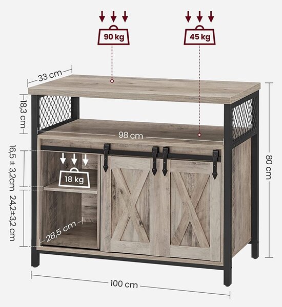 Bufet Multifuncțional cu 2 uși glisante Model Nellie, Gri/Negru, 100x33x80 cm