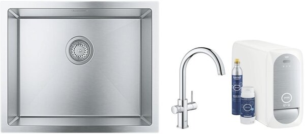Set baterie de bucatarie cu filtru Grohe Blue 31455001, chiuveta din otel Grohe K700 31726SD0