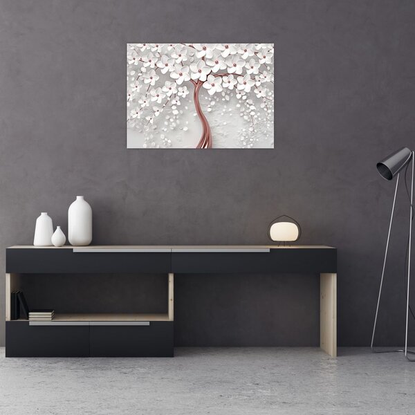 Tablou - Imaginea copacului alb cu flori albe, rosegold (70x50 cm)