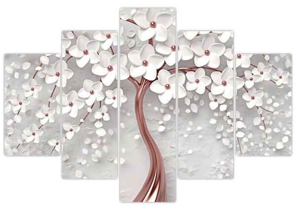 Tablou - Imaginea copacului alb cu flori albe, rosegold (150x105 cm)