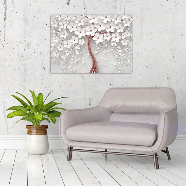 Tablou - Imaginea copacului alb cu flori albe, rosegold (70x50 cm)