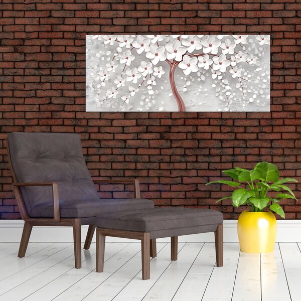 Tablou - Imaginea copacului alb cu flori albe, rosegold (120x50 cm)