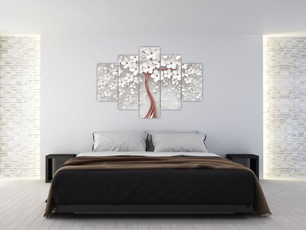 Tablou - Imaginea copacului alb cu flori albe, rosegold (150x105 cm)