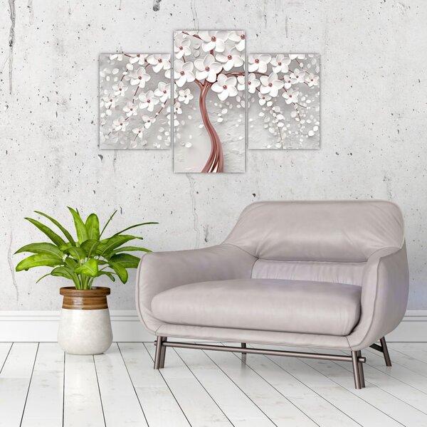 Tablou - Imaginea copacului alb cu flori albe, rosegold (90x60 cm)