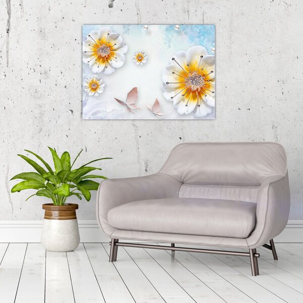 Tablou - Copoziția flori și fluturi (70x50 cm)