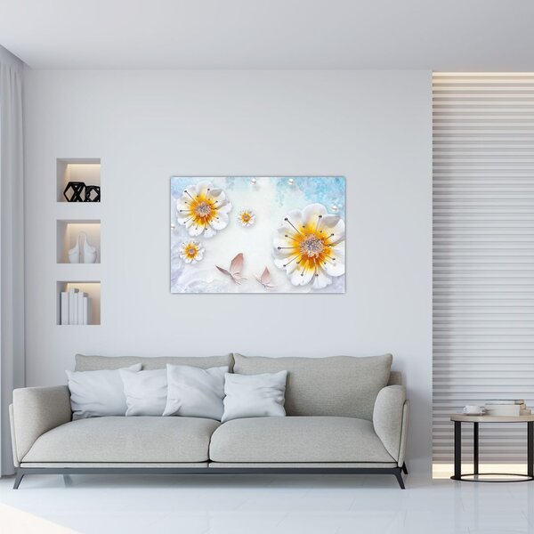 Tablou - Copoziția flori și fluturi (90x60 cm)