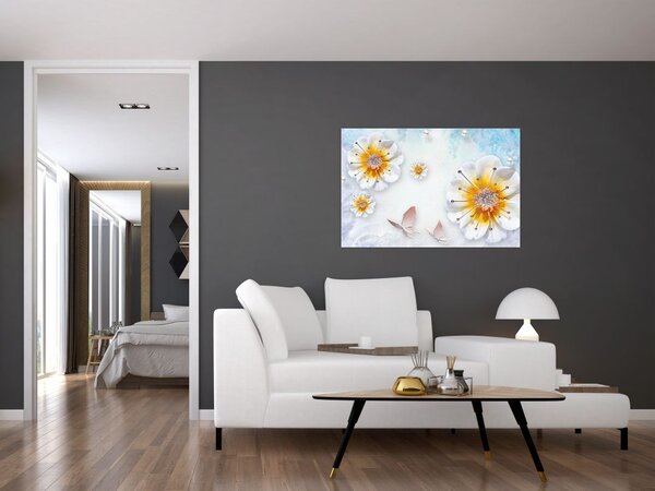Tablou - Copoziția flori și fluturi (90x60 cm)