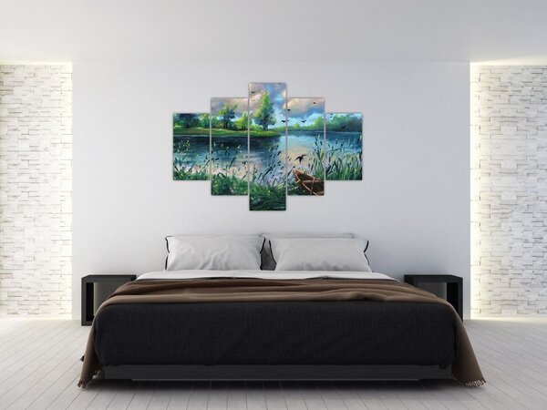 Tablou- Pictură în ulei, seară de vară lângă lac (150x105 cm)