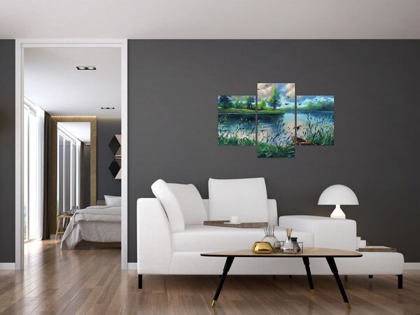Tablou- Pictură în ulei, seară de vară lângă lac (90x60 cm)