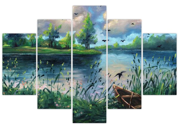 Tablou- Pictură în ulei, seară de vară lângă lac (150x105 cm)