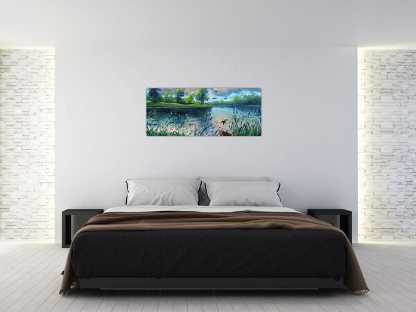 Tablou- Pictură în ulei, seară de vară lângă lac (120x50 cm)