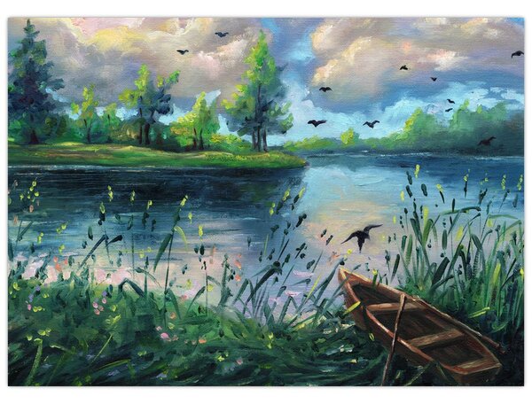 Tablou- Pictură în ulei, seară de vară lângă lac (70x50 cm)