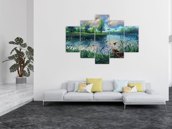 Tablou- Pictură în ulei, seară de vară lângă lac (150x105 cm)