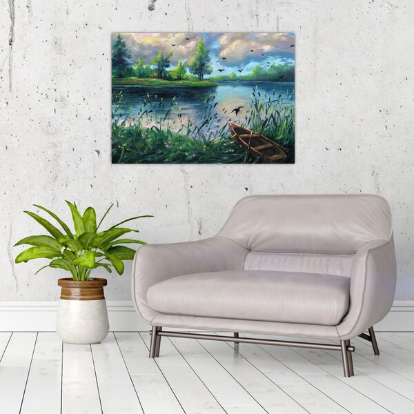 Tablou- Pictură în ulei, seară de vară lângă lac (70x50 cm)