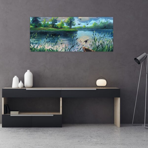 Tablou- Pictură în ulei, seară de vară lângă lac (120x50 cm)