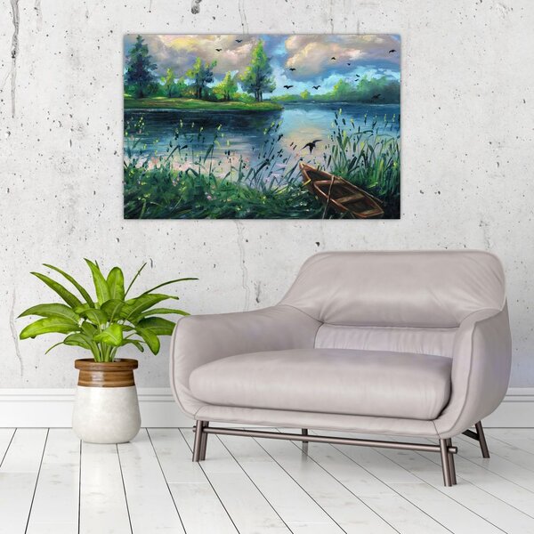 Tablou- Pictură în ulei, seară de vară lângă lac (90x60 cm)