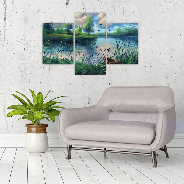 Tablou- Pictură în ulei, seară de vară lângă lac (90x60 cm)