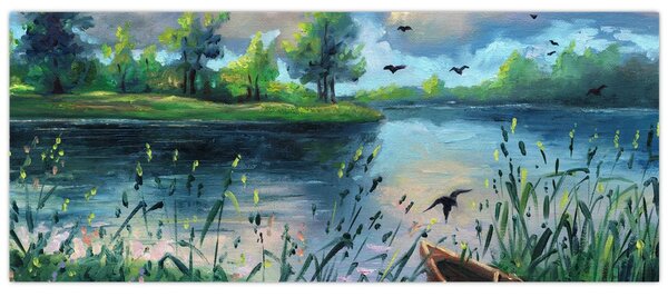 Tablou- Pictură în ulei, seară de vară lângă lac (120x50 cm)