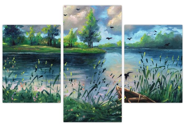 Tablou- Pictură în ulei, seară de vară lângă lac (90x60 cm)