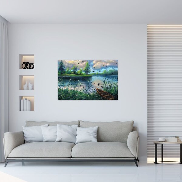 Tablou- Pictură în ulei, seară de vară lângă lac (90x60 cm)