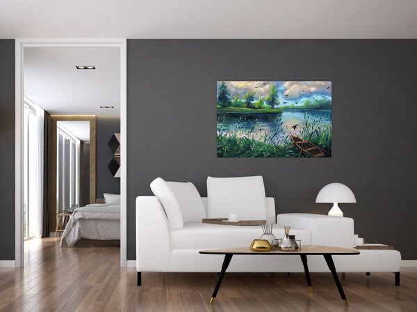 Tablou- Pictură în ulei, seară de vară lângă lac (90x60 cm)
