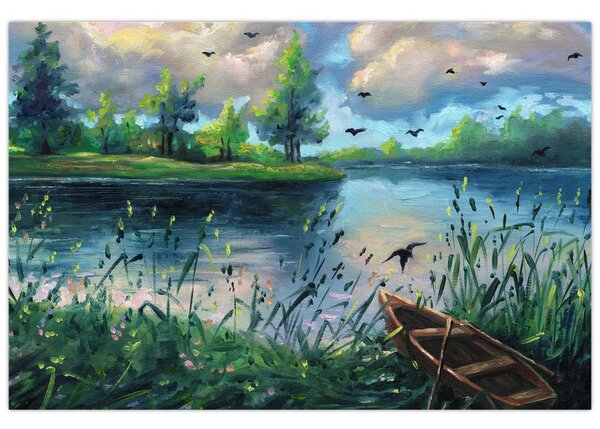 Tablou- Pictură în ulei, seară de vară lângă lac (90x60 cm)