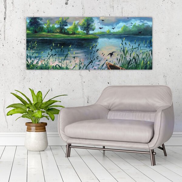 Tablou- Pictură în ulei, seară de vară lângă lac (120x50 cm)
