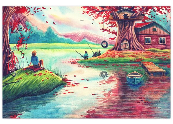 Tablou - Acuarelă, Golf într-un sat de munte (90x60 cm)