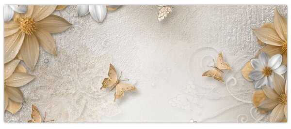 Tablou - Flori cu fluturi (120x50 cm)