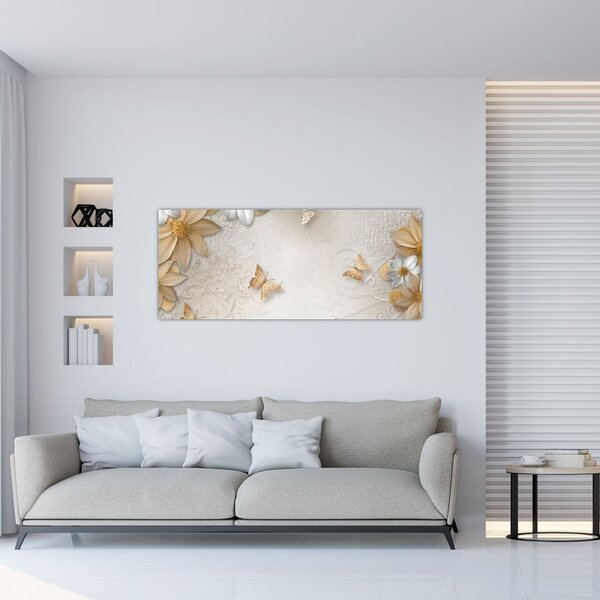 Tablou - Flori cu fluturi (120x50 cm)