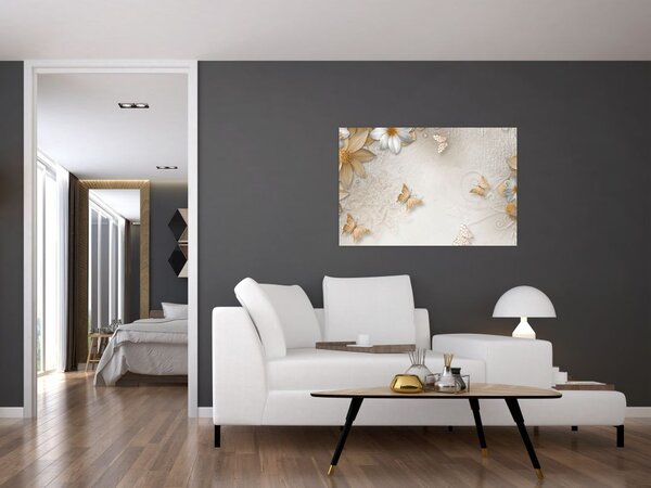 Tablou - Flori cu fluturi (90x60 cm)