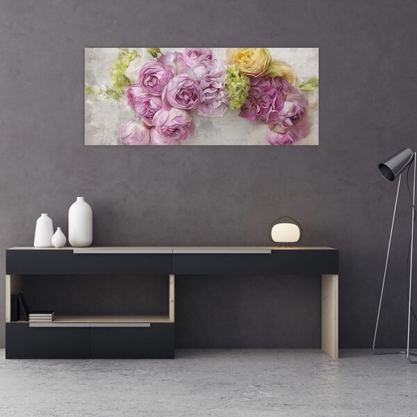 Tablou - Flori pe perete culorile pastel (120x50 cm)