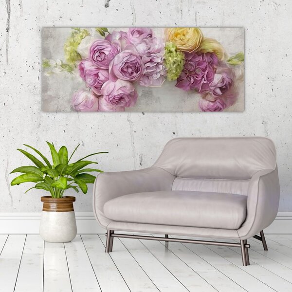 Tablou - Flori pe perete culorile pastel (120x50 cm)