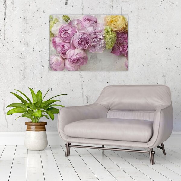 Tablou - Flori pe perete culorile pastel (70x50 cm)