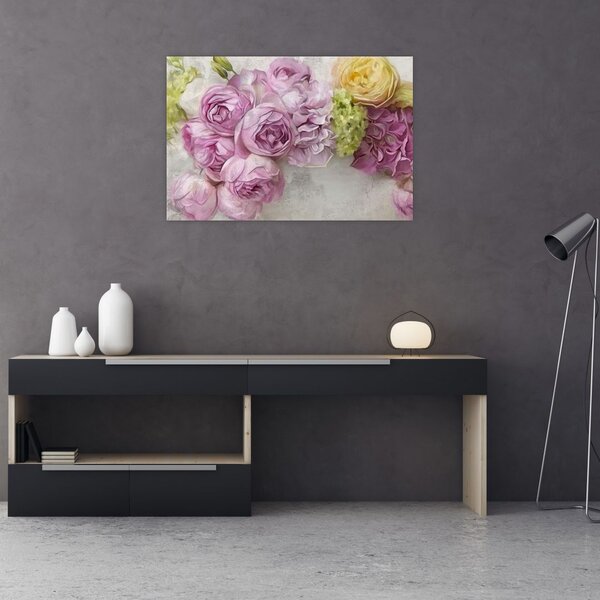 Tablou - Flori pe perete culorile pastel (90x60 cm)