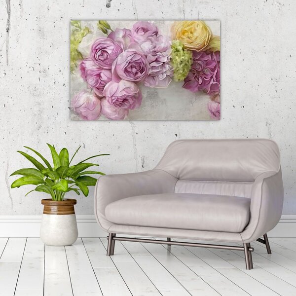 Tablou - Flori pe perete culorile pastel (90x60 cm)