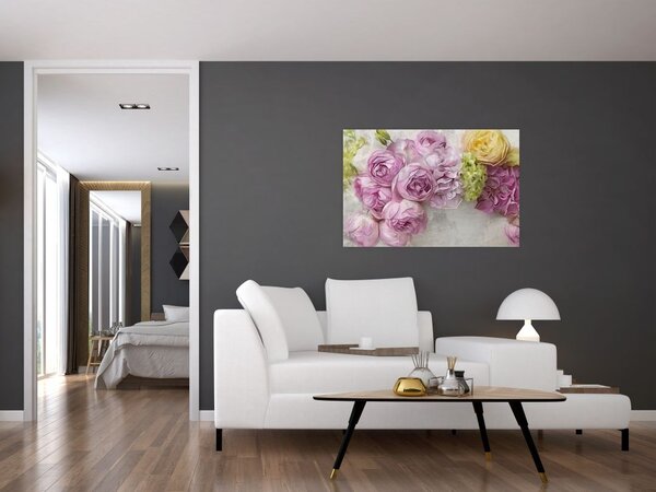 Tablou - Flori pe perete culorile pastel (90x60 cm)