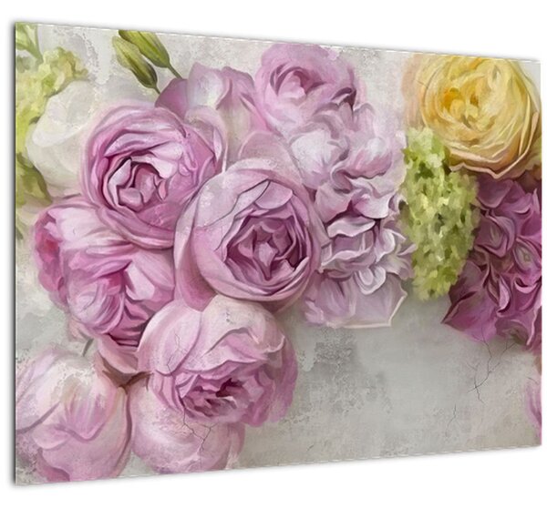 Tablou pe sticlă - Flori pe perete culorile pastel (70x50 cm)